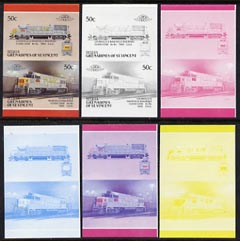 St Vincent - Bequia 1987 Locomotives #5 (Leaders of the World) 50c (Louisville & Nashville Class U25B) set of 6 imperf se-tenant progressive proof pairs comprising the four individual colours, 2-colour and all 4-colour composites unmounted mint, stamps on railways