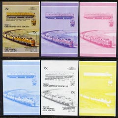 St Vincent - Bequia 1987 Locomotives #5 (Leaders of the World) 75c (Denver & Rio Grande CC) set of 6 imperf se-tenant progressive proof pairs comprising the four individual colours, 2-colour and all 4-colour composites unmounted mint, stamps on railways
