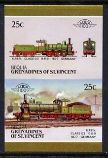 St Vincent - Bequia 1987 Locomotives #5 (Leaders of the World) 25c (0-6-0 KPEV Class G3) imperf se-tenant proof pair in issued colours from limited printing unmounted min..., stamps on railways