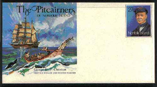 Norfolk Island 1982c The Pitcairners 27c pre-stamped p/stat envelope commemorating George Christian (Whaler & Mariner), stamps on ships   whales
