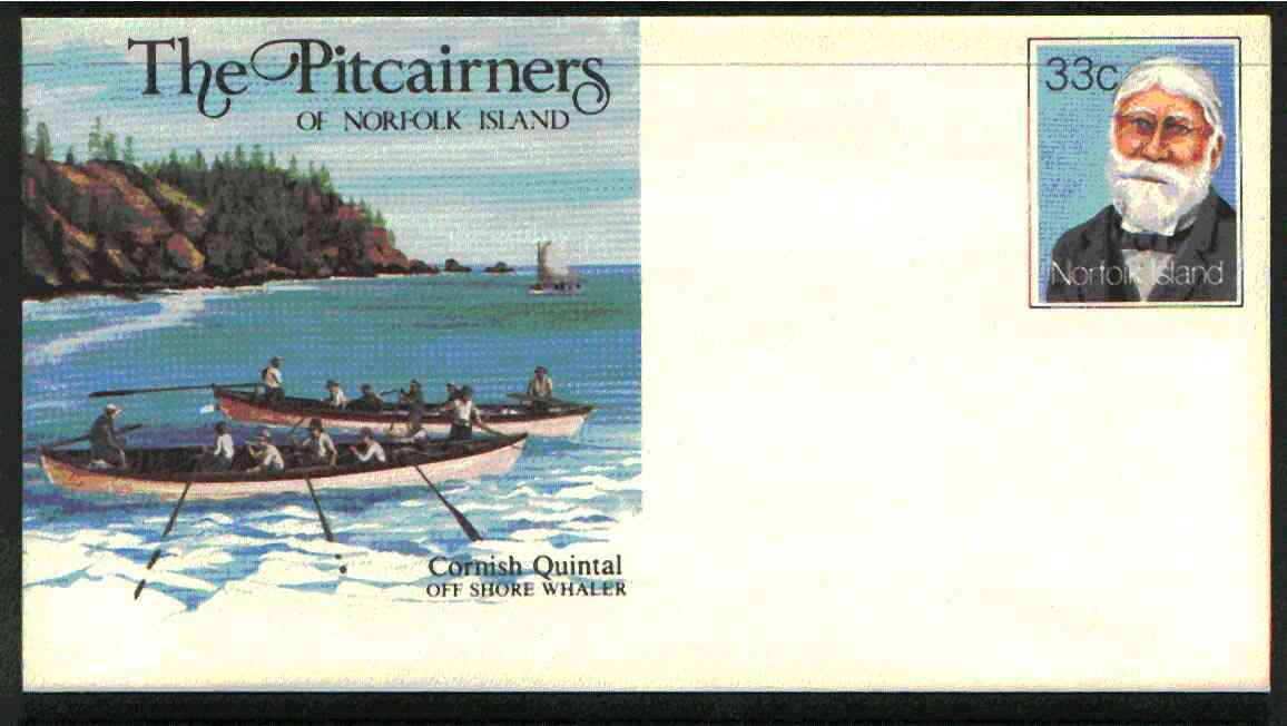Norfolk Island 1982c The Pitcairners 33c pre-stamped p/stat envelope commemorating Cornish Quintal (Whaler), stamps on ships   whales