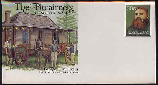 Norfolk Island 1982c The Pitcairners 30c pre-stamped p/stat envelope commemorating George F M Evans (Miller), stamps on food    corn