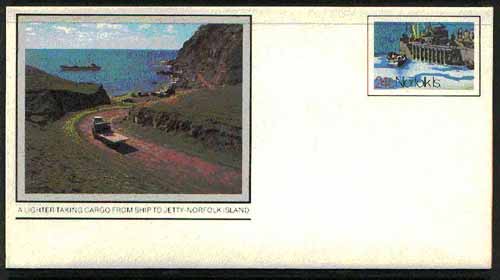 Norfolk Island 1982c 'Island Life' 24c pre-stamped p/stat envelope featuring A Lighter taking cargo from ship to jetty, stamps on ships    trucks