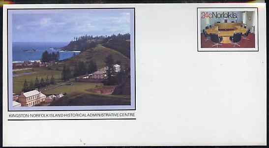Norfolk Island 1982c 'Island Life' 24c pre-stamped p/stat envelope featuring Administrative Centre, stamps on government