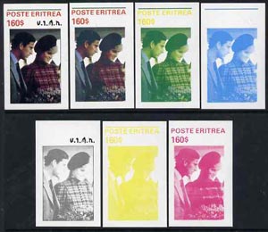 Eritrea 1982 Princess Di's 21st Birthday imperf souvenir sheet ($160 value) set of 7 progressive proofs comprising the 4 individual colours, 2, 3 and all 4-colour composites, stamps on royalty, stamps on diana, stamps on charles, stamps on 