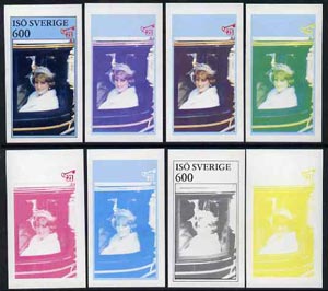 Iso - Sweden 1982 Princess Dis 21st Birthday imperf souvenir sheet (600 value) set of 8 progressive proofs comprising the 4 individual colours plus two 2-colour, 3 and al..., stamps on royalty     diana , stamps on  iso , stamps on 