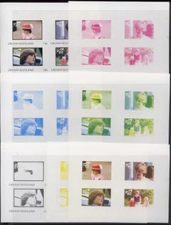 Grunay 1982 Princess Di's 21st Birthday imperf sheetlet containing set of 4 values, the set of 7 progressive colour proofs comprising the 4 individual colours and various colour combinations incl completed design unmounted mint, stamps on diana     royalty