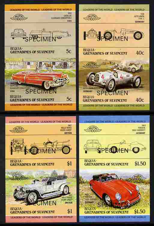 St Vincent - Bequia 1984 Cars #1 (Leaders of the World) imperf set of 8 (4 imperf se-tenant pairs) each overprinted SPECIMEN - scarce from printer's archives unmounted mint, stamps on cars    porsche     rolls royce    auto union      cadillac