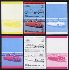 St Vincent - Bequia 1984 Cars #2 (Leaders of the World) $1 (1955 Citroen DS 19) set of 6 imperf se-tenant progressive colour proof pairs comprising the four individual co..., stamps on cars         citroen