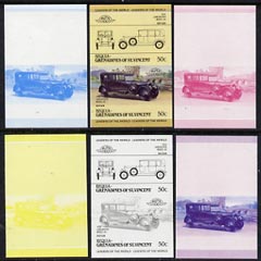 St Vincent - Bequia 1985 Cars #3 (Leaders of the World) 50c (1924 Lanchester) set of 6 imperf se-tenant progressive colour proof pairs comprising the four individual colours plus 2 and all 4-colour composites unmounted mint, stamps on cars       lanchester