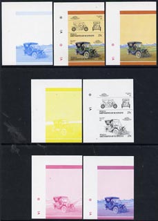 St Vincent - Bequia 1986 Cars #5 (Leaders of the World) 25c (1910 Stanley Model 60) set of 7 imperf se-tenant progressive colour proof pairs comprising the four individual colours plus 2, 3 and all 4-colour composites unmounted mint, stamps on cars       stanley