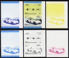 St Vincent - Bequia 1986 Cars #5 (Leaders of the World) $3 (1954 Mercedes Benz) set of 6 imperf se-tenant progressive colour proof pairs comprising the four individual colours plus 2 and all 4-colour composites unmounted mint, stamps on cars    racing cars       mercedes benz