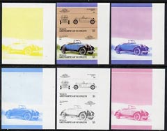 St Vincent - Bequia 1986 Cars #5 (Leaders of the World) $1 (1922 Duesenberg Model A) set of 6 imperf se-tenant progressive colour proof pairs comprising the four individual colours plus 2 and all 4-colour composites unmounted mint, stamps on cars       duesenberg