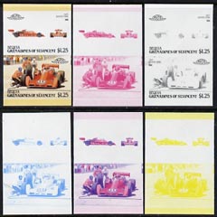 St Vincent - Bequia 1987 Cars #7 (Leaders of the World) $1.25 (1977 Coyote Ford) set of 6 imperf se-tenant progressive colour proof pairs comprising the four individual c..., stamps on cars    racing cars        coyote ford