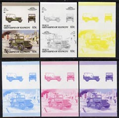 St Vincent - Bequia 1987 Cars #7 (Leaders of the World) 60c (1942 Willys MB Jeep) set of 6 imperf se-tenant progressive colour proof pairs comprising the four individual ..., stamps on cars        jeep      militaria
