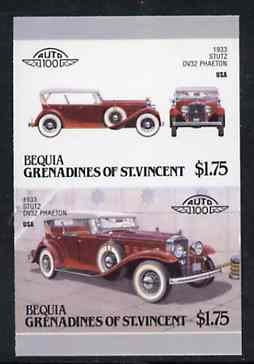 St Vincent - Bequia 1987 Cars #7 (Leaders of the World) $1.75 (1933 Stutz DV32 Phaeton) imperf se-tenant proof pair in issued colours from limited printing unmounted mint..., stamps on cars        stutz