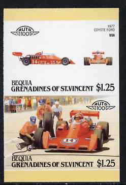 St Vincent - Bequia 1987 Cars #7 (Leaders of the World) $1.25 (1977 Coyote Ford) imperf se-tenant proof pair in issued colours from limited printing unmounted mint*, stamps on cars    racing cars        coyote ford