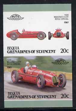 St Vincent - Bequia 1987 Cars #7 (Leaders of the World) 20c (1939 Maserati  8 CTF) imperf se-tenant proof pair in issued colours from limited printing unmounted mint*, stamps on cars    racing cars        maserati