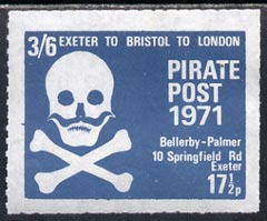 Cinderella - Great Britain 1971 Pirate Post (Exeter to Bristol to London) 17.5p-3s6d rouletted label in grey-blue depicting Skull & Cross-bones unmounted mint*, stamps on cinderella        pirates