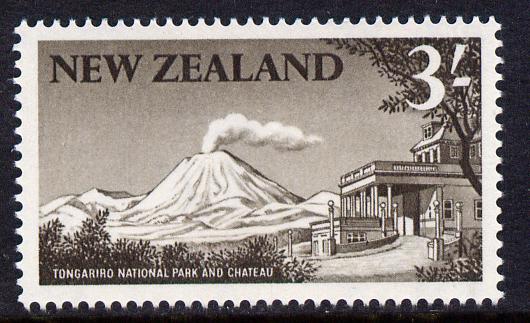 New Zealand 1960-66 Tongariro National Park 3s blackish-brown (from def set) unmounted mint, SG 799, stamps on national parks, stamps on volcanoes, stamps on tourism