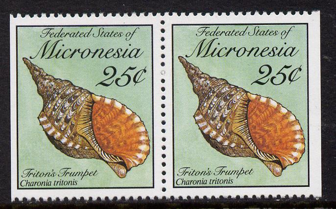 Micronesia 1989 Sea Shells 25c definitive horizontal pair imperf on outer edges (ex booklet) unmounted mint, SG 140, stamps on shells, stamps on marine life