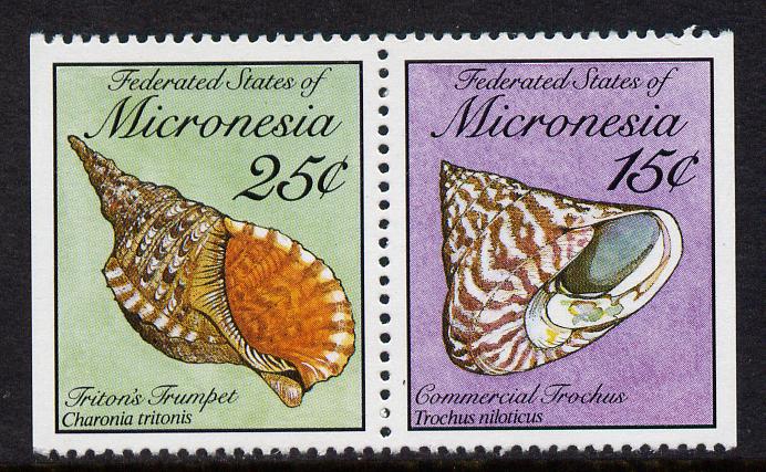 Micronesia 1989 Sea Shells 15c & 25c definitive se-tenant pair imperf on outer edges (ex booklet) unmounted mint, SG 138 & 140, stamps on shells, stamps on marine life