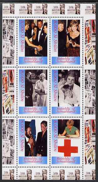 Somaliland 1997 Princess Diana perf sheetlet containing 6 values unmounted mint. Note this item is privately produced and is offered purely on its thematic appeal, stamps on royalty, stamps on diana, stamps on beatles, stamps on red cross, stamps on opera, stamps on pops, stamps on music, stamps on pope