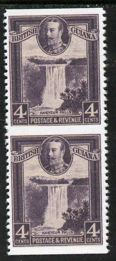 British Guiana 1934-51 KG5 Kaieteur Falls 4c slate-violet vertical pair with horizontal perfs omitted  'Maryland' unused forgery, as SG 291b - the word Forgery is either handstamped or printed on the back and comes on a presentation card with descriptive notes, stamps on maryland, stamps on forgery, stamps on forgeries, stamps on  kg5 , stamps on waterfalls