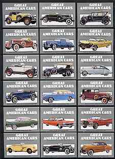 Match Box Labels - complete set of 18 Great American Cars, superb unused condition (Cornish Match Co), stamps on cars    stutz     pontiac      packard      cord     buick     chrysler     dodge     cadillac     chevrolet    ford      oldsmobile     pierce arrow    studebaker    plymouth    lincoln    duesenburg    auburn      hudson