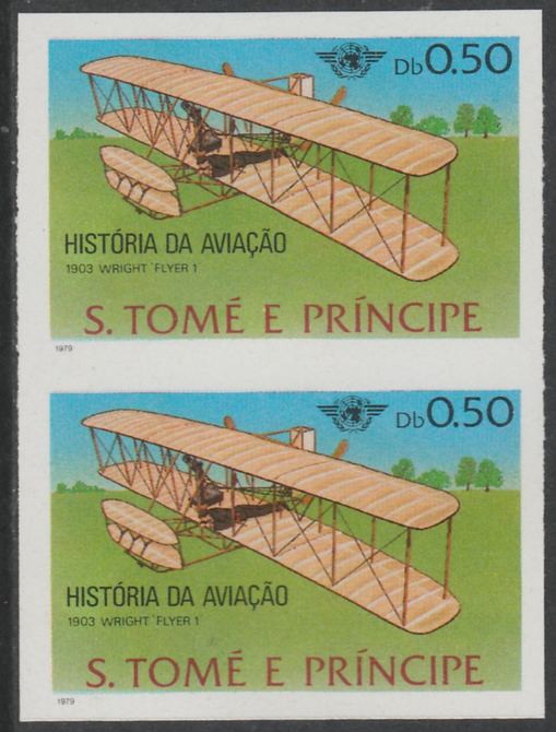 St Thomas & Prince Islands 1979 Aviation History 0.5Db (Wright Flyer 1) imperf proof pair in issued colours on ungummed paper, stamps on aviation