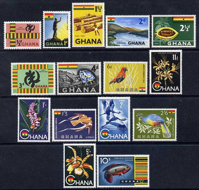 Ghana 1959-61 Pictorial definitive set to 10s - 15 values unmounted mint, SG 213-27 (ex 225a), stamps on 