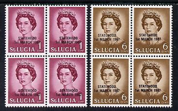 St Lucia 1967 unissued 1c & 6c with Statehood overprint in black each in blocks of 4 unmounted mint, stamps on constitutions