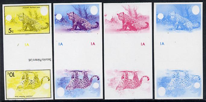 Belize 1983 WWF - Jaguar 5c & 10c in imperf se-tenant tete-beche gutter pair - the set of 4 imperf progressive proofs comprising various single & multiple combination com..., stamps on cats, stamps on  wwf , stamps on jaguar, stamps on animals
