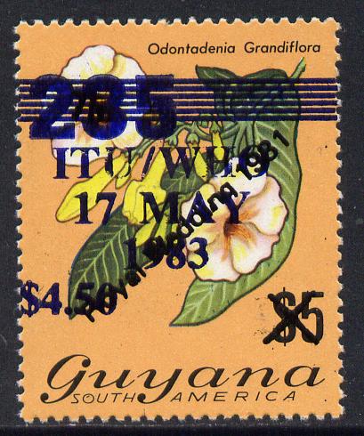 Guyana 1983 World Telecommunications & Health Day $4.50 on 235 on $5 Royal Wedding stamp unmounted mint SG 1095a, stamps on communications, stamps on royal wedding, stamps on royalty, stamps on flowers, stamps on  itu , stamps on diana, stamps on charles