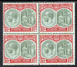 St Kitts-Nevis 1920-22 KG5 MCA Medicinal Spring 10s green & red on green block of 4 unmounted mint but light rusting SG35, stamps on , stamps on  kg5 , stamps on 