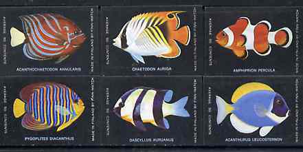 Match Box Labels - complete set of 6 Fish, superb unused condition (Finn Match Co), stamps on fish
