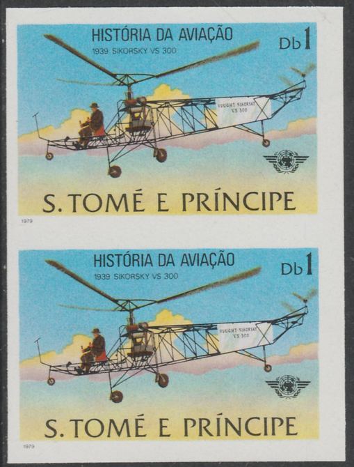 St Thomas & Prince Islands 1979 Aviation History 1Db (Sikorsky VS300) imperf proof pair in issued colours on ungummed paper, stamps on aviation, stamps on helicopters