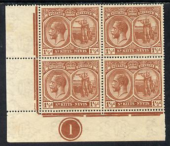St Kitts-Nevis 1921-29 KG5 Script CA Columbus 1.5d red-brown SW corner block of 4 with Plate No.1 unmounted mint SG 40a3, stamps on , stamps on  kg5 , stamps on columbus, stamps on explorers