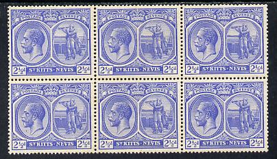 St Kitts-Nevis 1921-29 KG5 Script CA Columbus 2.5d ultramarine block of 6 unmounted mint SG 44, stamps on , stamps on  kg5 , stamps on columbus, stamps on explorers