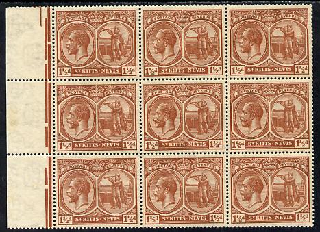 St Kitts-Nevis 1921-29 KG5 Script CA Columbus 1.5d red-brown block of 9, unmounted one stamp with background flaw (R7-1) SG 40a, stamps on , stamps on  kg5 , stamps on columbus, stamps on explorers