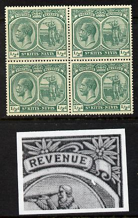St Kitts-Nevis 1921-29 KG5 Script CA Columbus 1/2d blue-green block of 4 unmounted one stamp with Flaw to right of Columbus R7-5) SG 37, stamps on , stamps on  kg5 , stamps on columbus, stamps on explorers