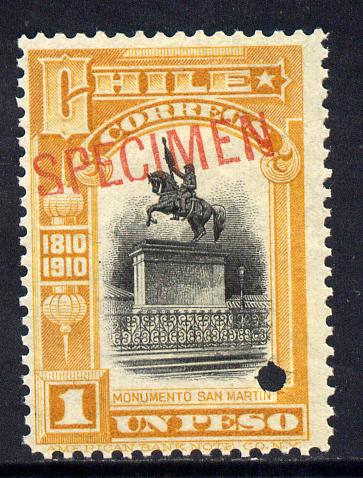 Chile 1910 Centenary of Independence 1p black & yellow optd SPECIMEN with security punch hole unmounted mint (ex ABN Co archives) SG 130, stamps on monuments, stamps on statues, stamps on horses
