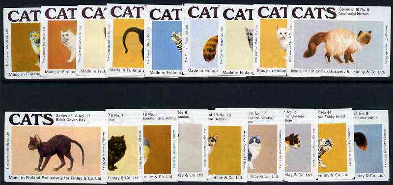 Match Box Labels - complete set of 18 Cats, superb unused condition (Cornish Match Co for Finlays), stamps on cats