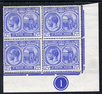 St Kitts-Nevis 1921-29 KG5 Script CA Columbus 2.5d blue SE corner block of 4 with Plate No.1 unmounted mint light wrinkles SG 42, stamps on , stamps on  kg5 , stamps on columbus, stamps on explorers