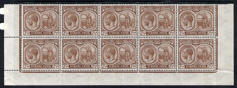St Kitts-Nevis 1921-29 KG5 Script CA Columbus 2.5d brown block of 10 (folded) being bottom two rows without plate numbers, unmounted mint SG 43, stamps on , stamps on  kg5 , stamps on columbus, stamps on explorers