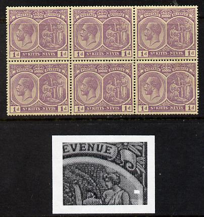 St Kitts-Nevis 1921-29 KG5 Script CA Medicinal Spring 1d violet marginal block of 6 one stamp with Broken line of shading at right (R5-5) unmounted mint few split perfs SG 39, stamps on , stamps on  kg5 , stamps on columbus, stamps on explorers