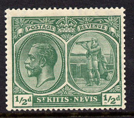 St Kitts-Nevis 1920-22 KG5 MCA Columbus 1/2d blue-green single with 2 small flaws below '1' of value mounted mint SG 24, stamps on , stamps on  kg5 , stamps on columbus, stamps on explorers