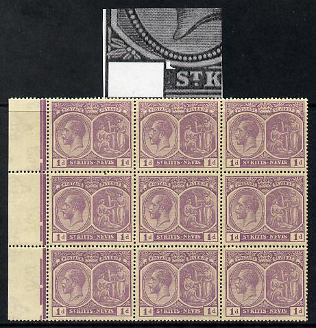 St Kitts-Nevis 1921-29 KG5 Script CA Medicinal Spring 1d violet marginal block of 9 one stamp with Nick in Country tablet at left (R1-1), unmounted mint few split perfs SG 39, stamps on , stamps on  stamps on , stamps on  stamps on  kg5 , stamps on  stamps on 