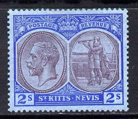 St Kitts-Nevis 1921-29 KG5 Script CA Columbus 2s purple & blue on blue with dark flaw behind King's neck mounted mint SG 47, stamps on , stamps on  kg5 , stamps on columbus, stamps on explorers