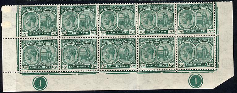 St Kitts-Nevis 1921-29 KG5 Script CA Columbus 1/2d blue-green marginal block of 10 (folded) being the lower two rows with Plate No.1 (x2) unmounted mint SG 37, stamps on , stamps on  kg5 , stamps on columbus, stamps on explorers